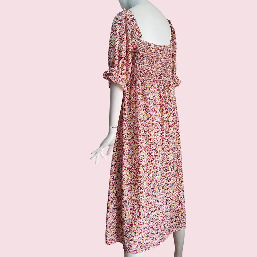 Lush Boho Ditsy Floral Smocked Back Sweetheart Neck Puff Sleeve Midi Dress Sz XL - Picture 4 of 11